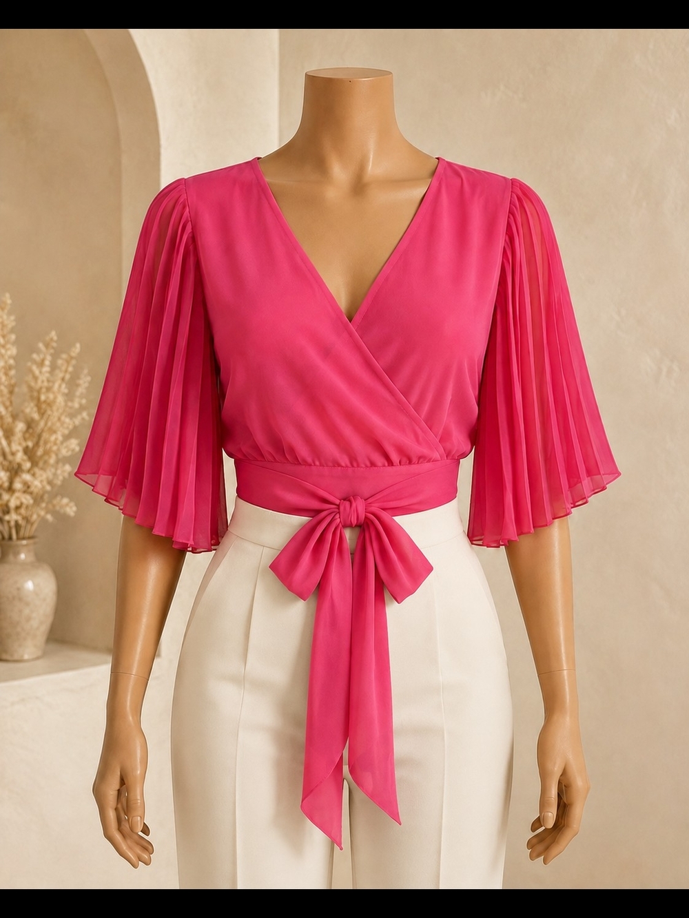 Express Pink Pleated Flutter Sleeve Wrap Crop Top Size XS